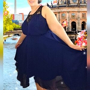 City Chic Asymmetrical navy blue dress with a lace bodice